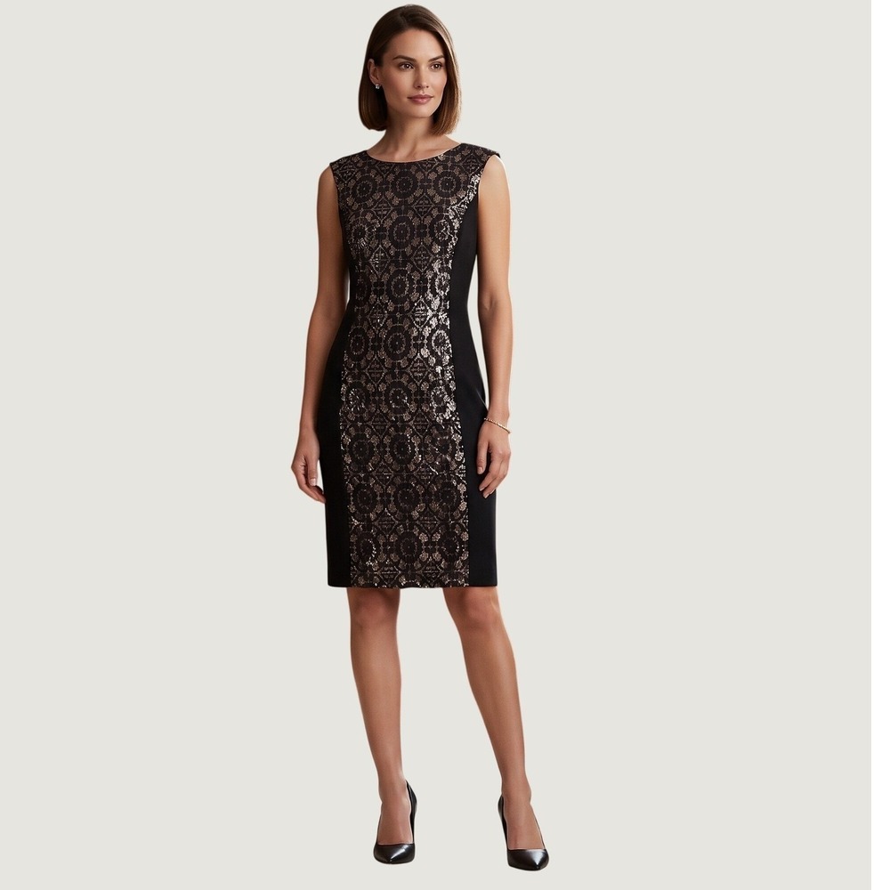 London Style Collection Sheath Dress Women 6P Black Excellent Lace Overlay